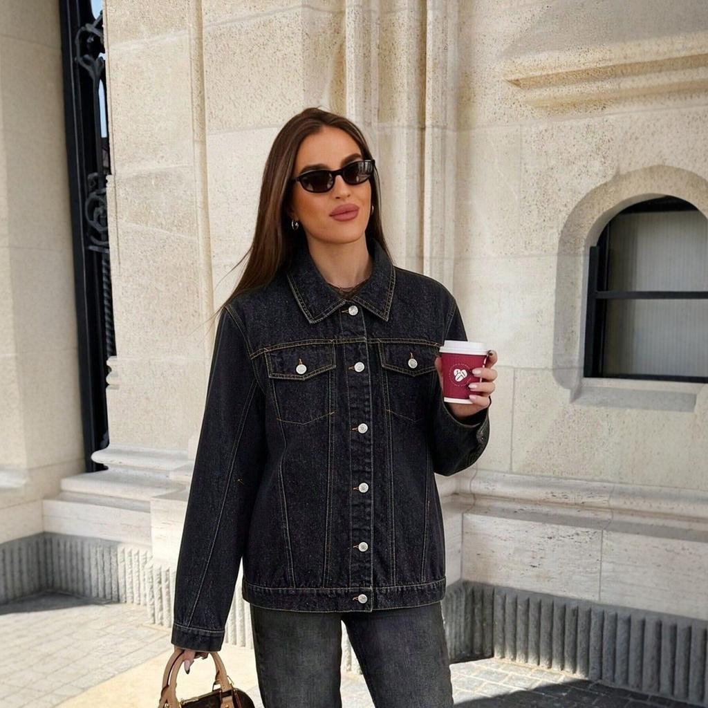 Women's Button Lapel Denim Jacket, Spring Autumn Loose Long Sleeve Casual Jean Outerwear Coat for Daily Street Wear