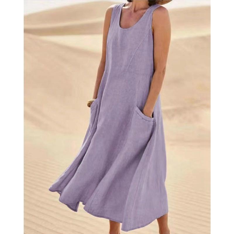 Summer European Style Sleeveless Round Neck Women Clothing Cotton Maxi Dress