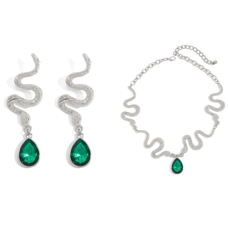 Elegant Snake Shape Earrings With Gemstones Pendant And Delicate Collarbone Chain Set Accessories For Women серебряный