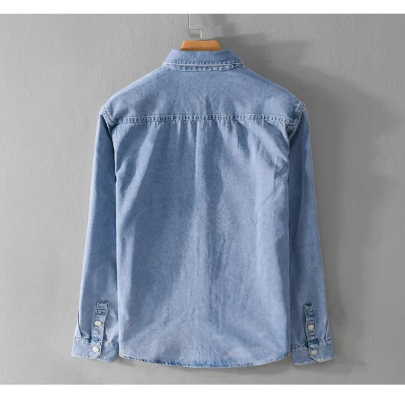 Męska koszula dżinsowa w stylu retro, niebieska, wiosenna, streetwearowa, z długim rękawem, dżinsowe topy, bawełniana, z kieszeniami, zapinana na guziki, odzież męska, młodzieżowe popularne topy casualowe