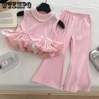 Summer Girls' Suit Vest T-shirt Micro Flared Pants Thin Korean Princess Two-piece Set