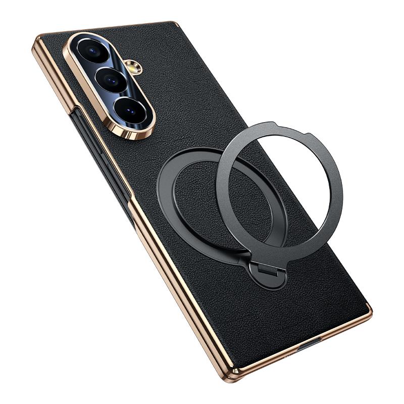 Genuine Leather Magnetic Phone Case for Samsung Galaxy Z Fold 7 Fold6 5 W26 W24 Smart Window Hinge Protection Bracket Flip Shell