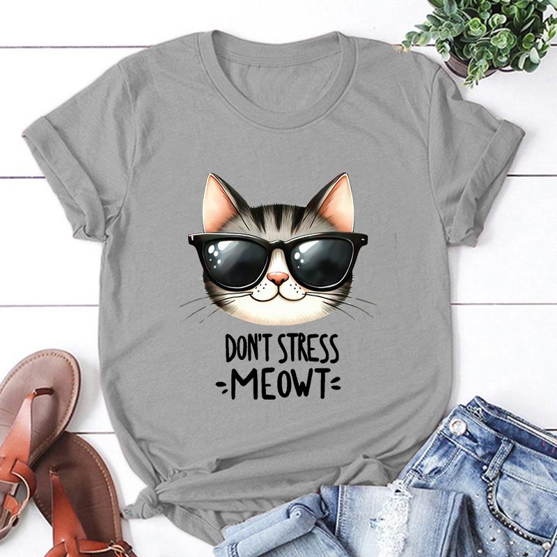 New Cat Don'T Stress Meowt Printed T Shirt Women Teens Fashion Hip Hop Harajuku Casual Short Sleeve Unisex Tops Tees