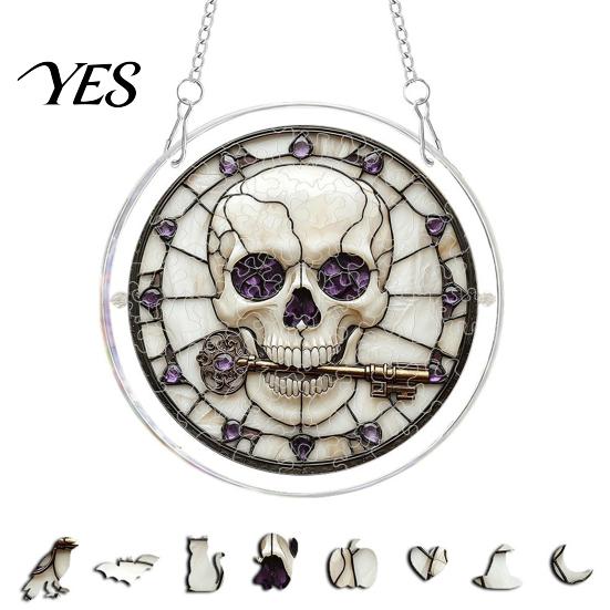 Transparent Stained Glass Halloween Acrylic Puzzle Decor, 2D Ghost Pumpkin Skeleton Hanging Sign, Faux Holiday Spooky Decorations for Party