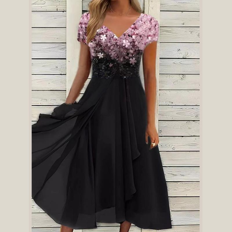 Moda damă vară primăvară culoare uni imprimeu mâneci scurte cu decolteu în V talie înaltă rochii casual