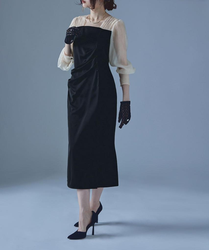 Draped Long Occasion Black x Size M [etoll] I-Line Dress, Sleeve, Dress, Beige,