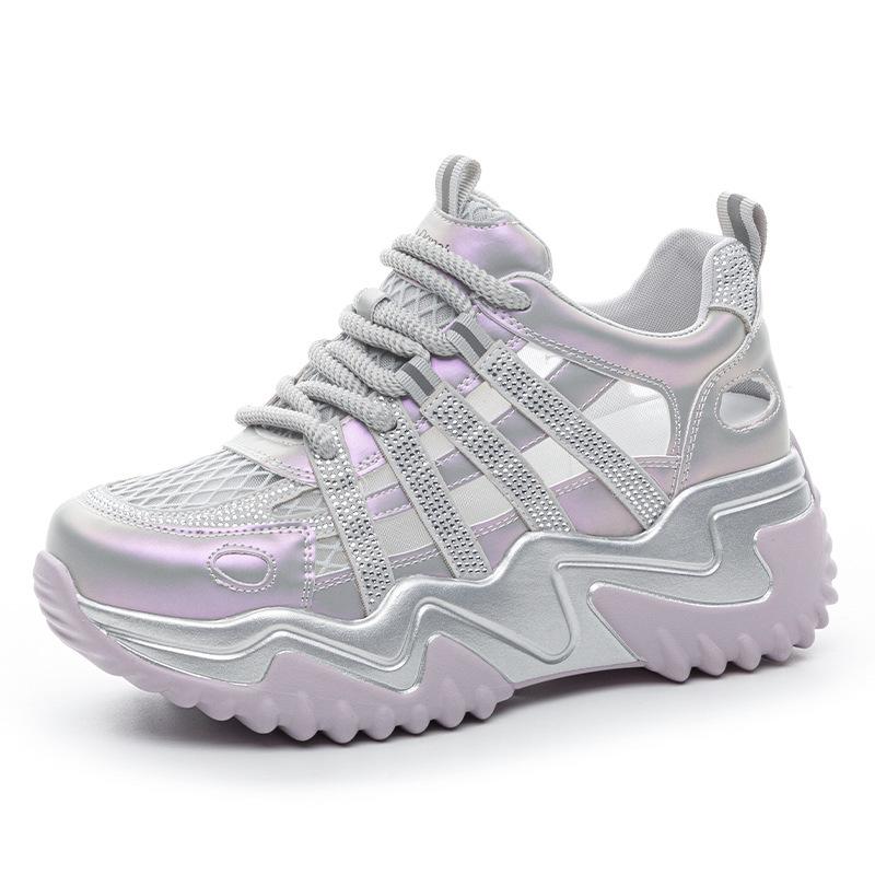 Thick-soled hollow dad shoes women's new versatile fashion breathable rhinestone mesh casual sports shoes in the summer of 2026