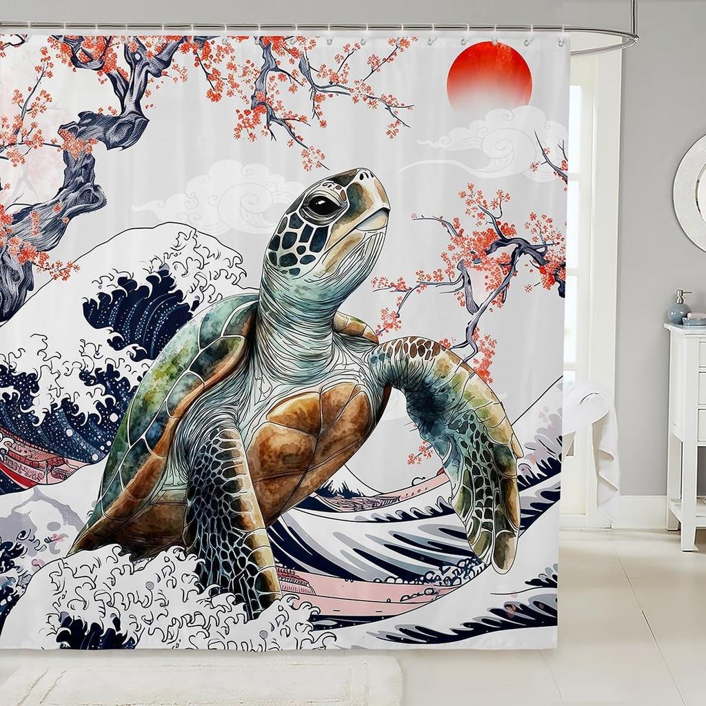 Cartoon Lion Shower Curtain for Kids Boys Girls Japanese Style Waterproof Bathroom Curtain, Vintage Ukiyoe Bath Curtain Ocean