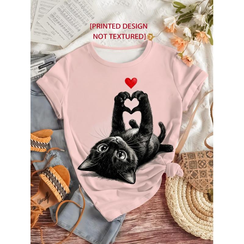 2026Women's Cute Black Cat Heart Paw Print Design T Shirt Casual round-neck pink short-sleeve top