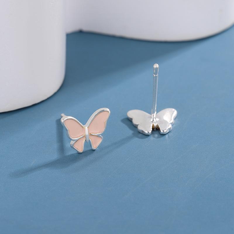 New Fashionable Simple Cute Pink Butterfly 925 Sterling Silver Personality Compact Earrings  E111