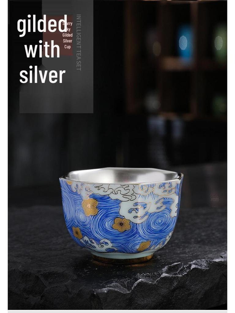 Sterling Silver & Ceramic Gilded Teacup - Kung Fu Style Master Tasting Cup Business Gift