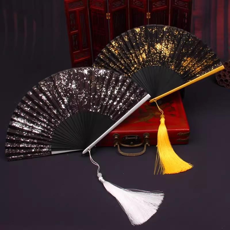 Chinese Handheld Folding Fan - Gold/Silver Foil Embroidery Elegant Palace Fan for Women, Hanfu Dance Costume Accessories