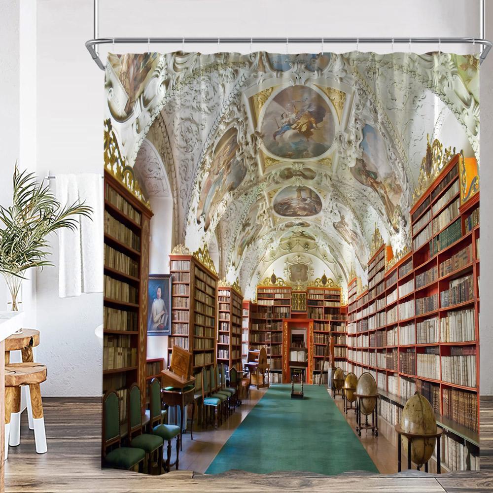 Vintage Bücherregal Duschvorhänge Retro Bibliothek Europäischer Stil Bücherregale Badezimmer Dekorationen zum Studieren Retro Badvorhang
