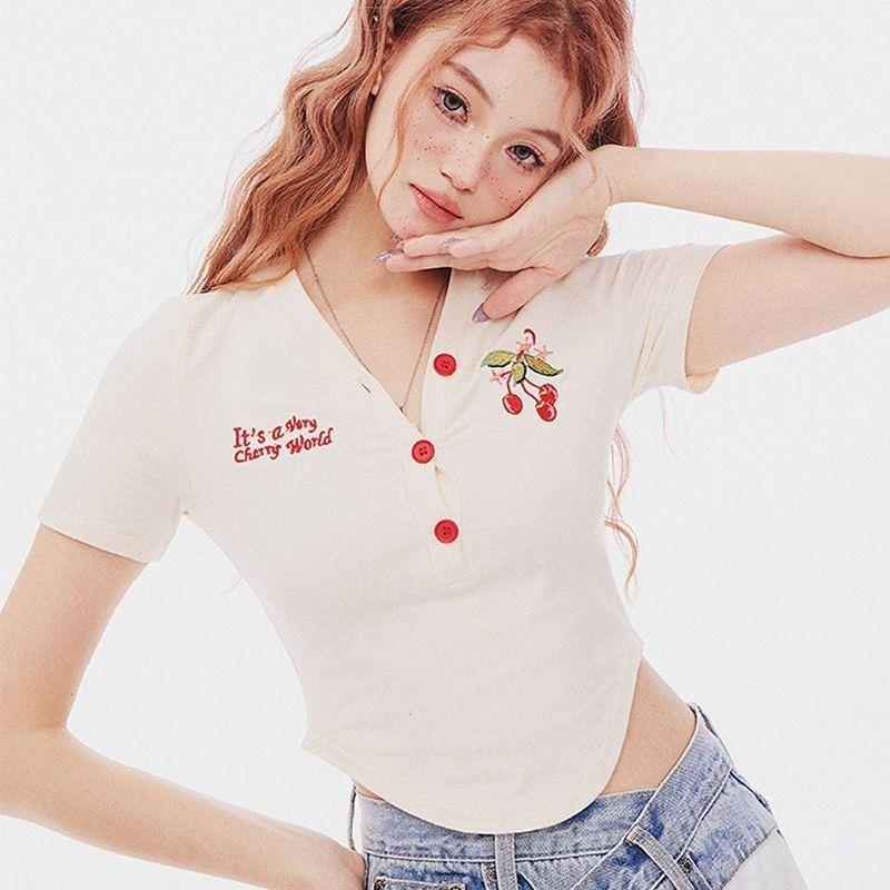 Pure Desire Style Embroidered Cherry Top Spicy Girl Short Style Female Spring and Autumn New Style Slimming and slimming V-neck  Long sleeved T-shirt