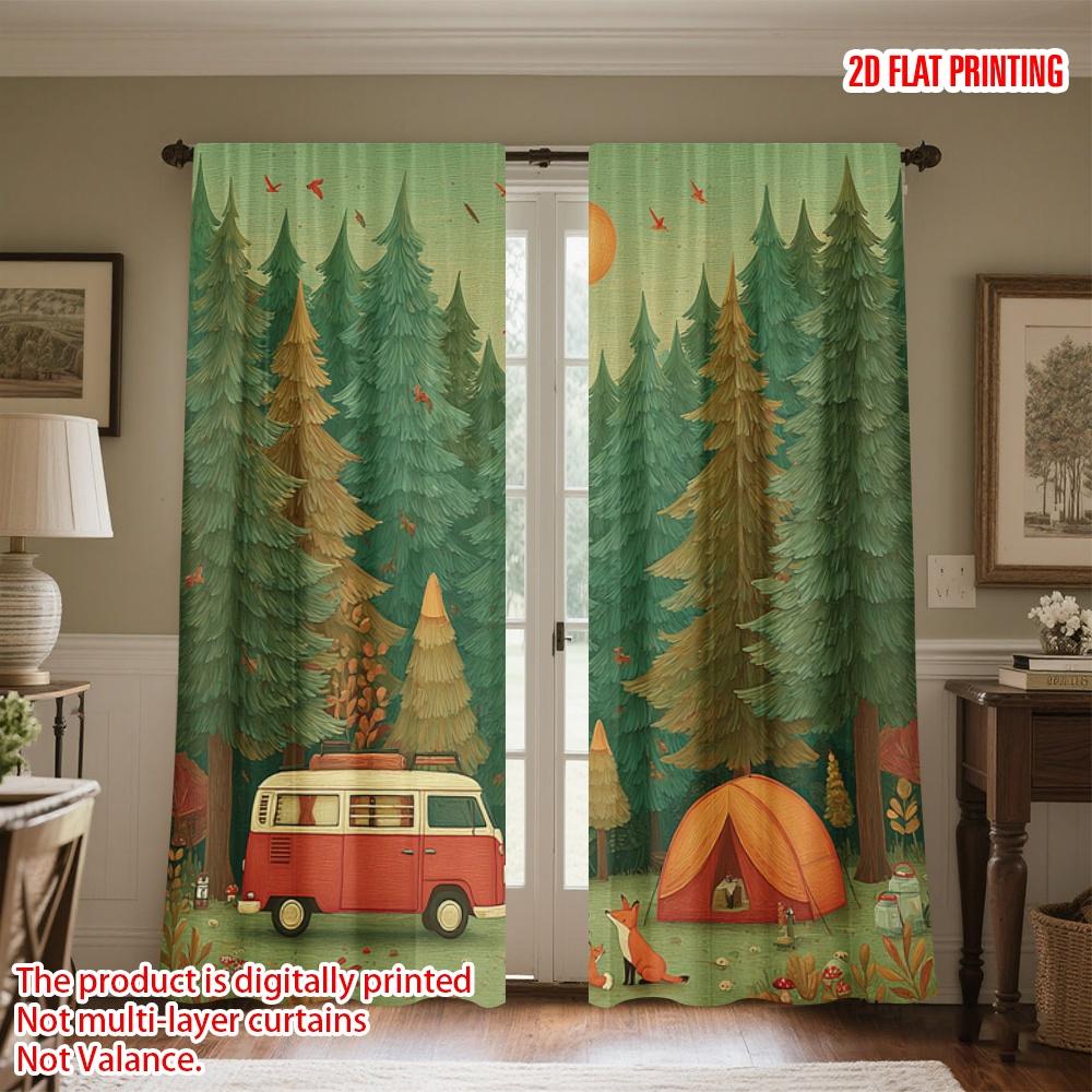 

2D flat printing 2pcs Party Curtains Autumn Forest Camping Scene Digital Printed Polyester Drapes Festive Holiday Use for 100*130 Grommet Top 1pcs