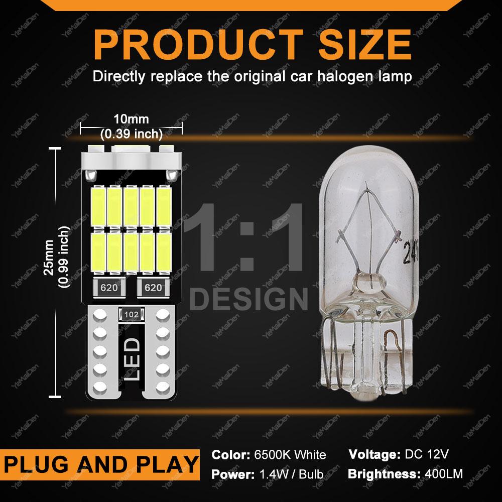 2/4/10/20 PCS T10 W5W LED Bulbs Canbus 12V 4014-26SMD 6500K White Car Interior Dome Reading Door Map Trunk License Plate Lights Dome Lights 6