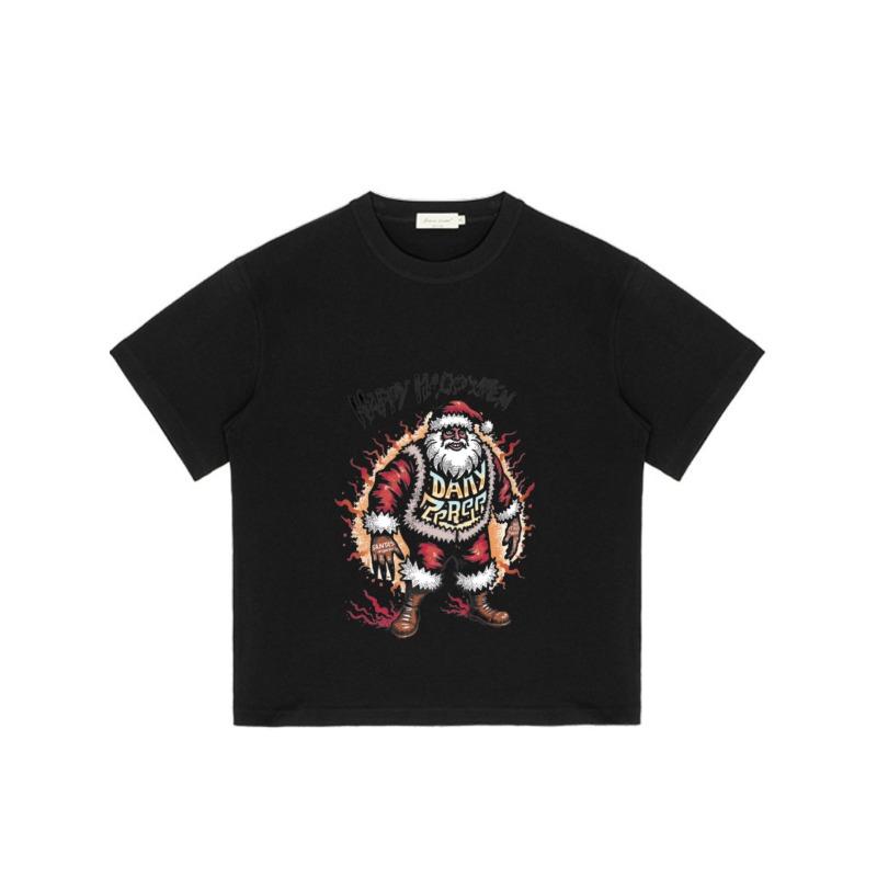 Black T-Shirt with Santa Claus and Flames Print Happy Halloween Design for Casual Wear