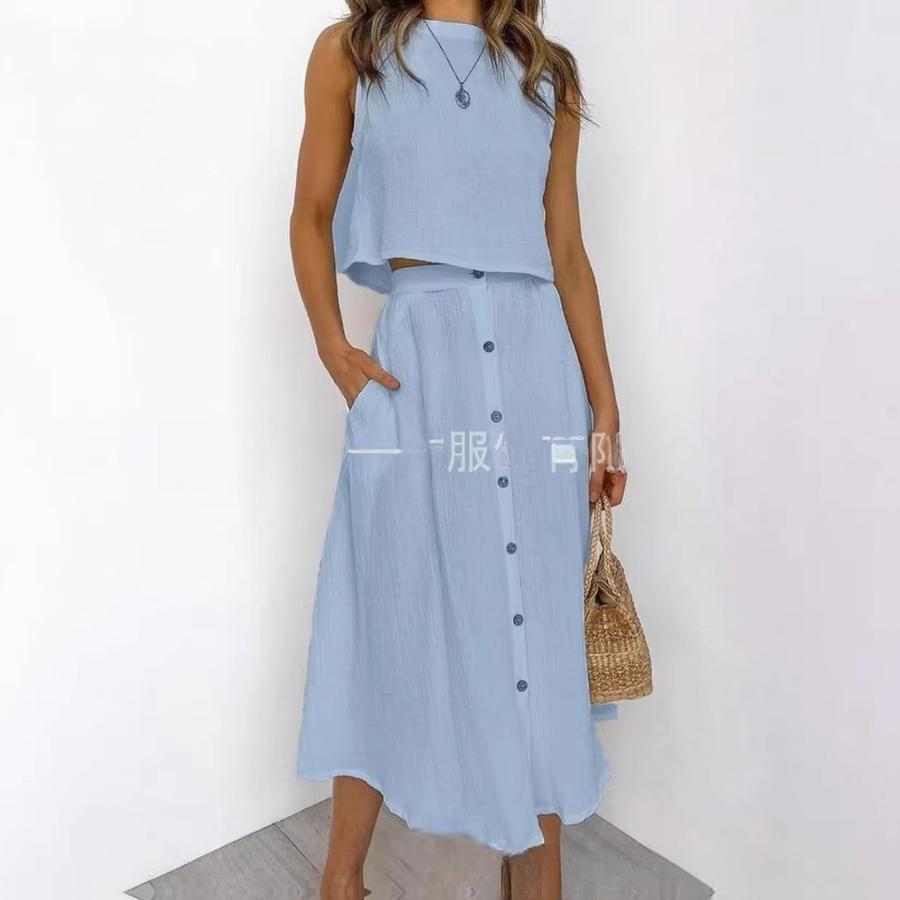 New Round Neck Vest Top Long Sleeve A-Line Dress Two Piece Set