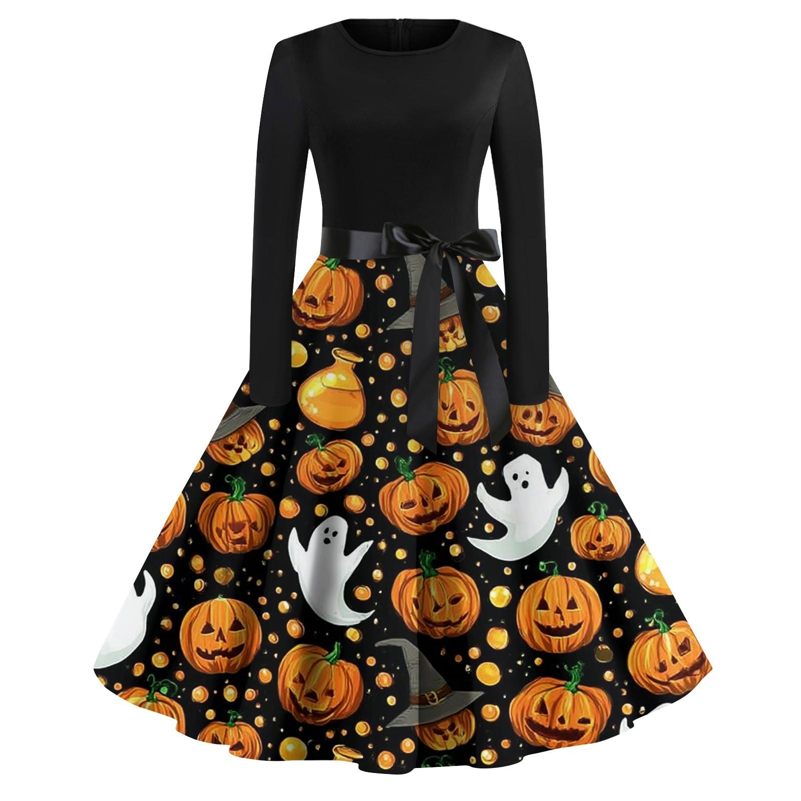 

Женские модные платья с круглым вырезом, повседневные, приталенные, с принтом на Хэллоуин, с длинным рукавом L
