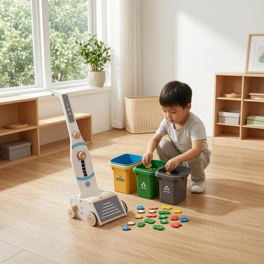 Wooden Vacuum Cleaner Toy Pretend Play Upright Decorative Panel Kids
