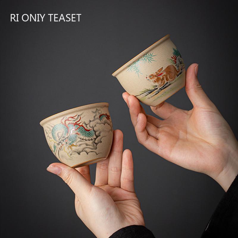 1 Pc Chinese Vintage Coarse Pottery Tea Cup Handmade Zodiac Ceramic Tea Bowl Household Teaware Personal Master Teacup 150ml