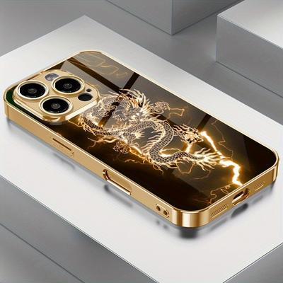 Golden Lightning Dragon Pattern Metallic Paint Glass Phone Case For iPhone 17 Pro Max 14 15 Pro 16 Plus 17Air 16E Cover