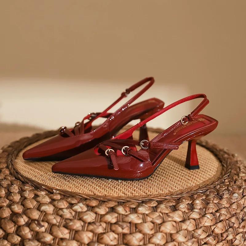 

Fashion Designer Narrow Band Buckle Strap Pointed Toe Pumps Women Summer Sexy Thin Heels Wedding Banquet Dress Mule Ladies Shoes 39 вино красного