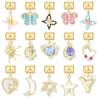 Vintage Pearls Zircon Bow Heart Butterfly Gold Color Pendant Italian Charm Links Stainless Steel Fit 9mm Bracelet DIY Jewelry