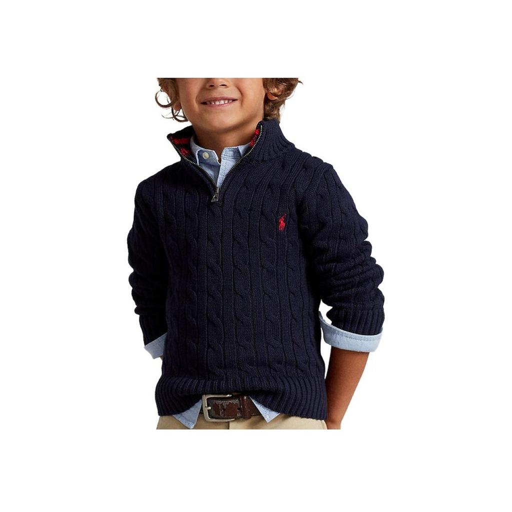 Polo Ralph Lauren SS23 Jednobarevný svetr s vyšívaným logem s copánkovým vzorem Dětský svetr 323868894-005