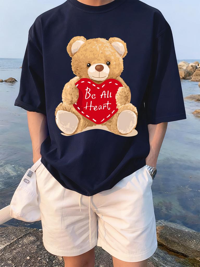 Cartoon Bear Gives You His Heart Prints TShirts Womens Summer Cotton Tops ONeck Soft Loose Short Sleeve Tees Casual Clothes