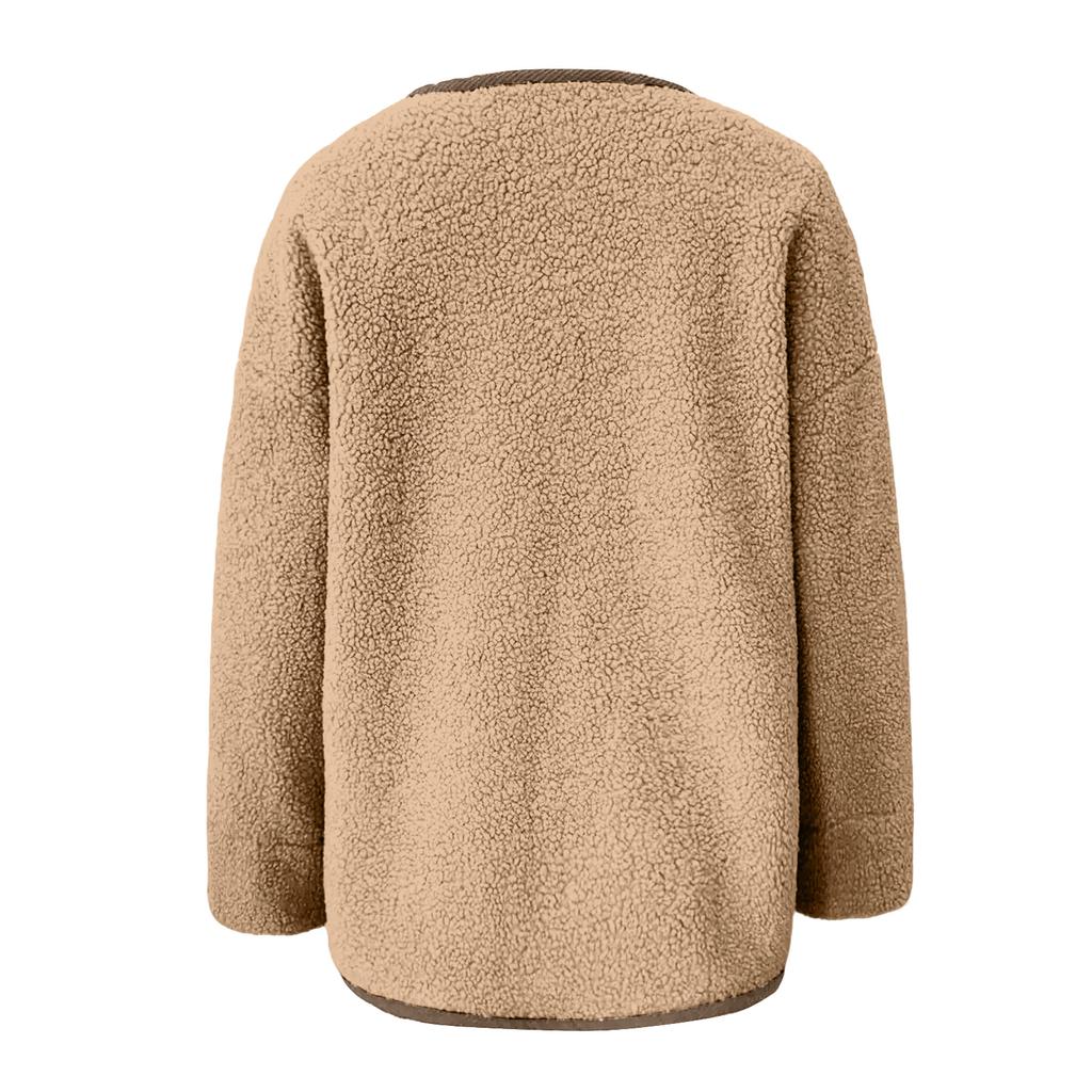 Women's Solid Color Collarless Casual Long Sleeved Button Down Plush Lamb Wool Jacket Jacket