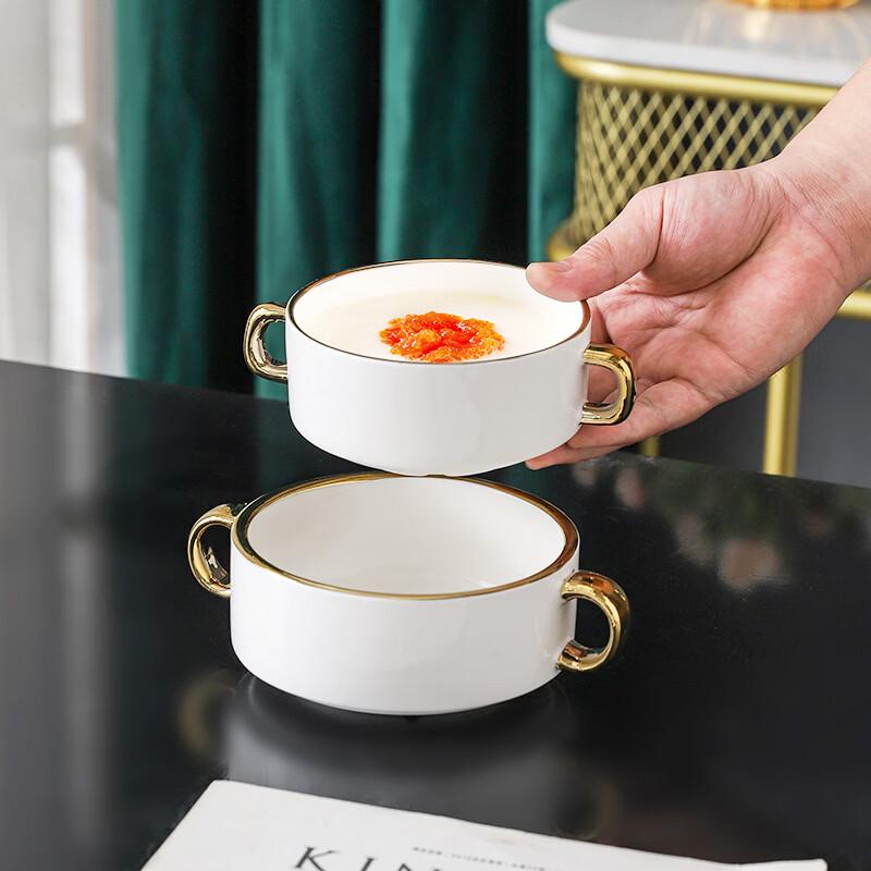 Zhi Shi Keramik Goldrand Suppentassen mit zwei Henkeln, Set à 10 Stück