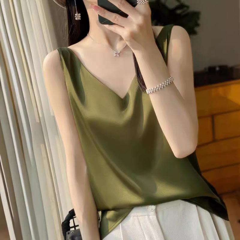 Women's Stylish Satin V-Neck Spaghetti Strap Vest - Sexy Back Inner Layer for Spring/Summer Suits