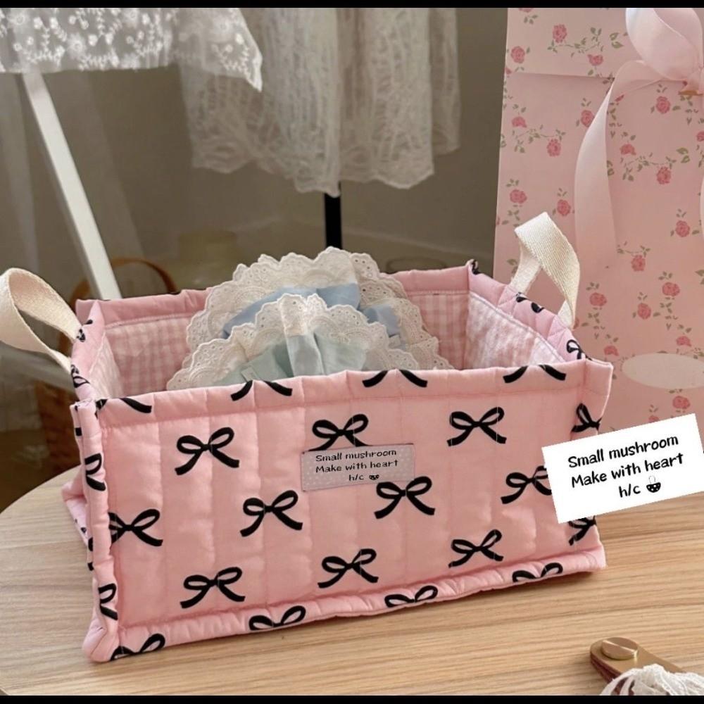 Cute Rectangle Storage Basket Quilted Cotton Desktop Storage Box Stripe Bow Large Capacity Sundries Toy Organizer Home Supplies 1960₽
