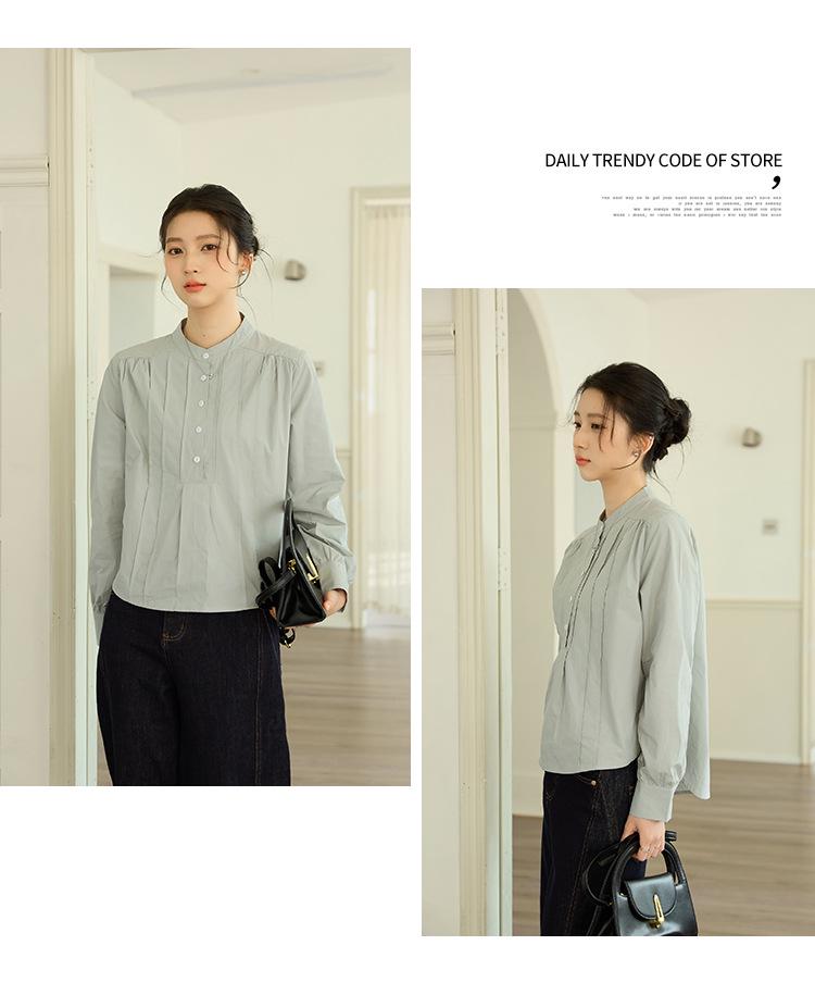Women's Pleated Stand Collar Long Sleeve Shirt - Loose, Versatile, Elegant Design for Daily Wear
