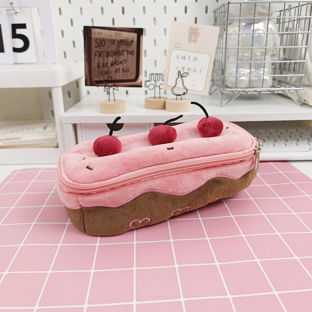 Cute Plush Cherry Cake Pen Case Exquisite Pen Storage Bag Large Capacity Student Stationery Bag Korean Cosmetic Pencil Pouch