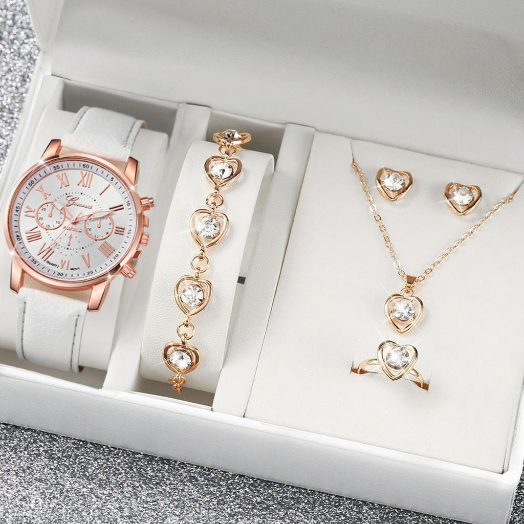 5/6PCS Fashion Women's Quartz Watch Leather Band Analog Wrist Watches Heart Rhinestone Jewelry Set(Without Box)