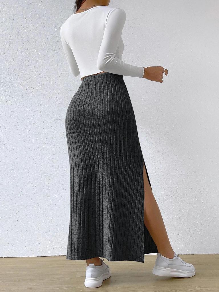 2025 High-Waisted Knit Skirt with Side Slit - Autumn/Winter European & American Style for Women