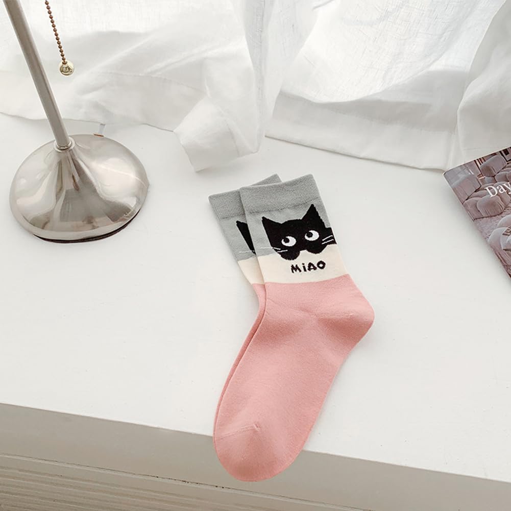 FASELE Crew Cute and Floral Soft Perfect for and All Set Women's Socks, Stylish, Cat, Animal, Print, Breathable, Cotton, Mid-Tube Socks, Spring,