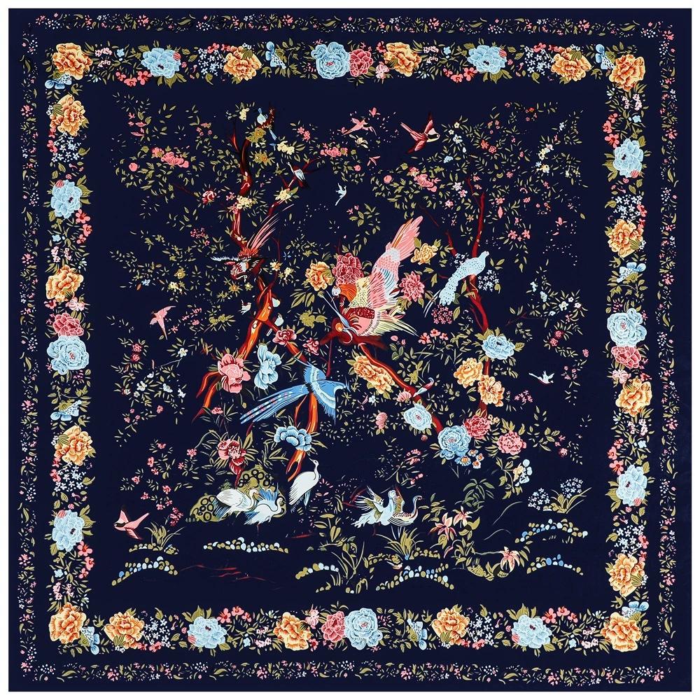 130CM Women Large Shawl Floral and Bird Printed Square Scarves Bandana Luxury Ladies Kerchief Hijab Scarf