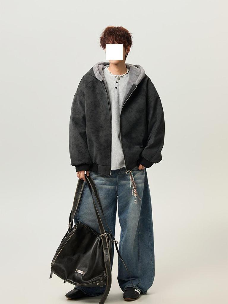 Men's American Retro Hooded Mountain Jacket - Winter Casual Velvet-Lined Cotton with Fur Collar