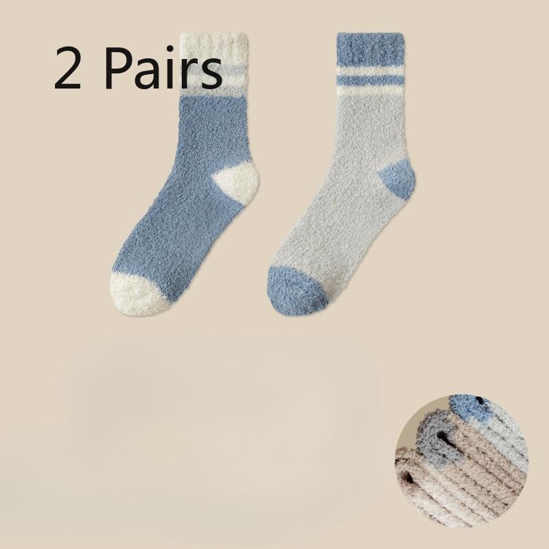 2 Pairs Coral Fleece Socks for Men, Mid-calf  for Autumn and Winter, Fleece and Thickened Floor Socks, Color-blocking Warm Home Sleeping Long Socks