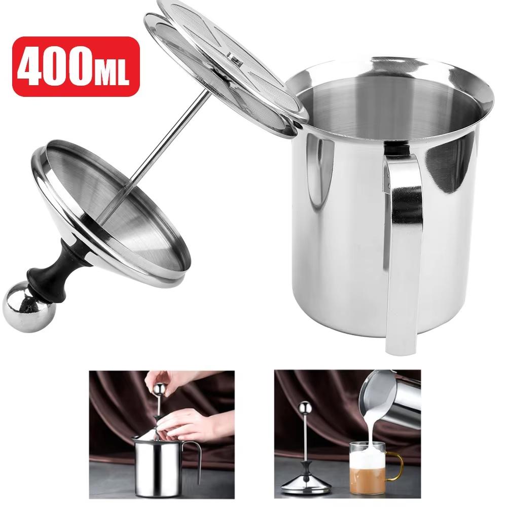Spumator de lapte manual 400ML, plasă de spumă de lapte, mixer de cafea, ustensile de bucătărie din oțel inoxidabil, plasă dublă, cremă de lapte