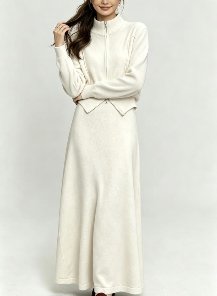 European and American cross-border new double zipper stand-up neck cardigan jacket + knitted skirt two-piece women's casual knitted suit