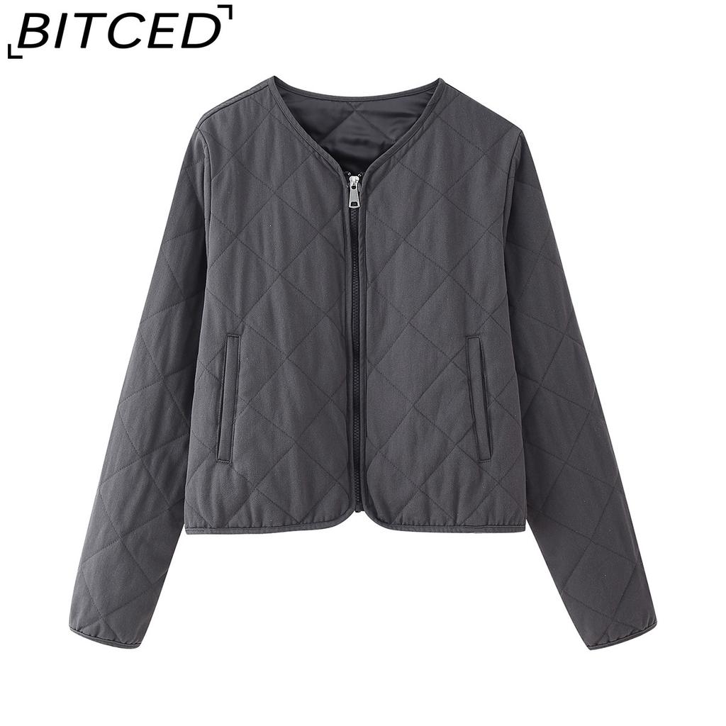 BITCED Women's Autumn/Winter Oversized Loose-Fit O-Neck Long-Sleeved Washed Cotton Diamond-Patterned Cotton Coat