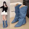 Pleats Blue Denim Thigh High Boots for Women 2025 Autumn Thick Heeled Pointed Toe Cowboy Boots Woman Slip On Western Long Boots