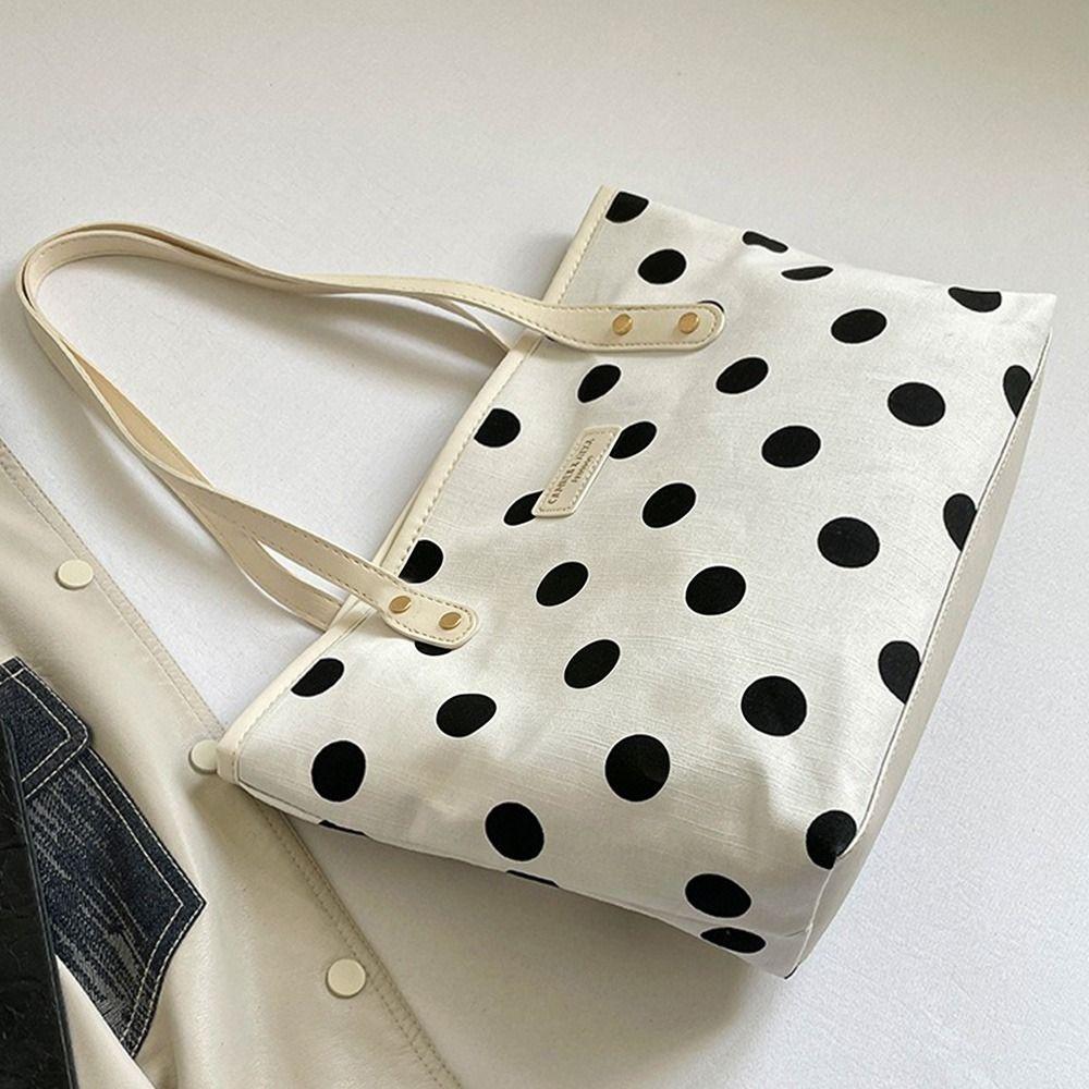 Handheld Polyester Women Tote Bag Large Capacity Casual Shopping Handbag Polka Dot Shoulder Bag Shopping Outing
