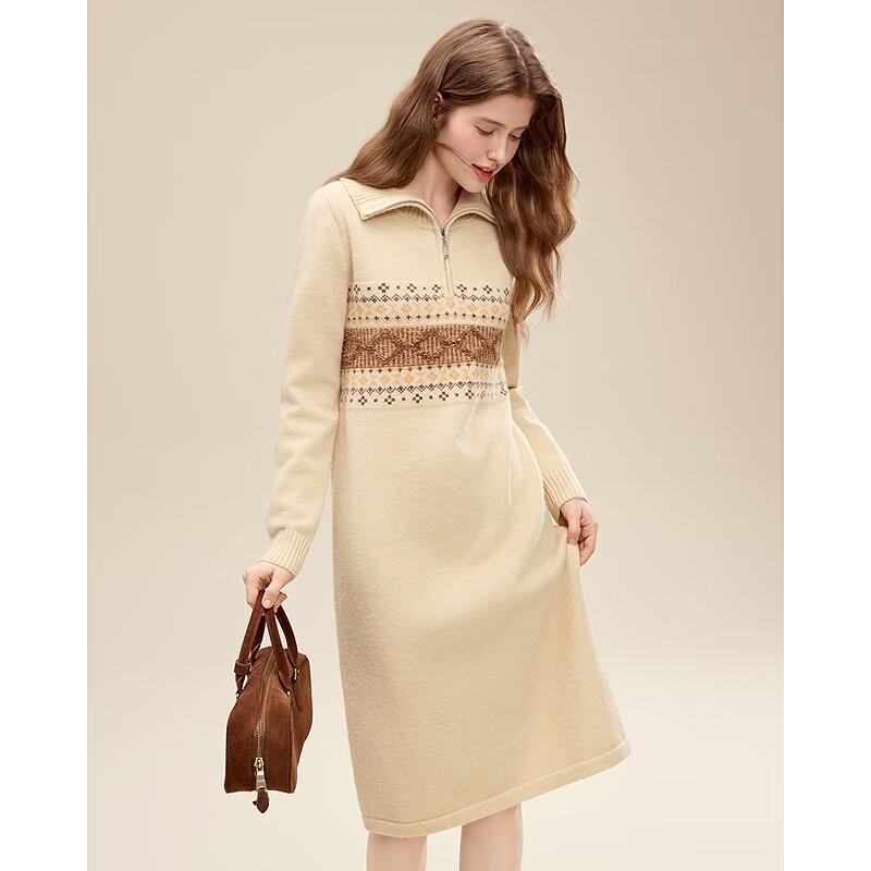 Betu Women's 2025 Winter Jacquard Half-Zip Lapel Slim Midi Dress