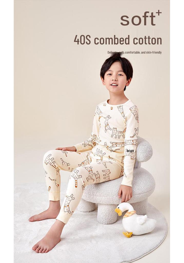 Class A Children's Antibacterial Combed Cotton Pajama Set - Warm Long Sleeve Homewear for Fall/Winter