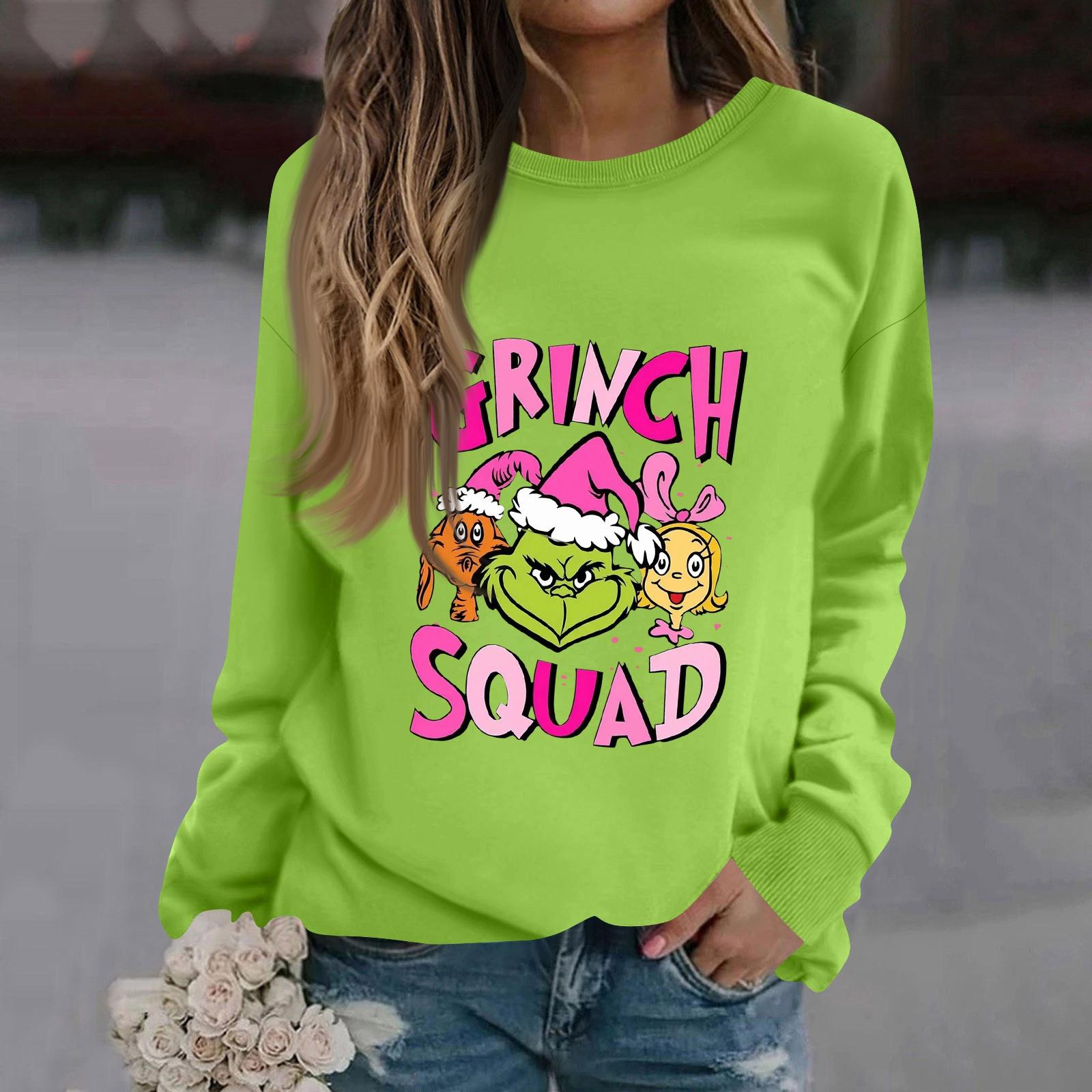 

Жіночий модний повсякденний топ-світшот з довгим рукавом, однотонний, з різдвяним принтом, з круглим вирізом XXL зелений